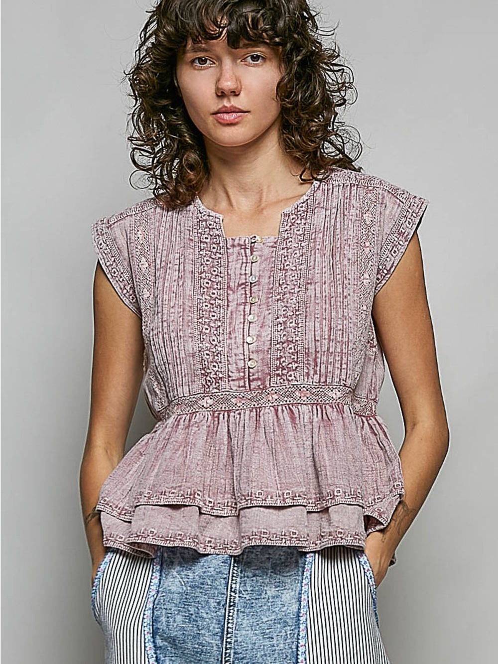 POL Eyelet Embroidery Pintuck Sleeveless Blouse
